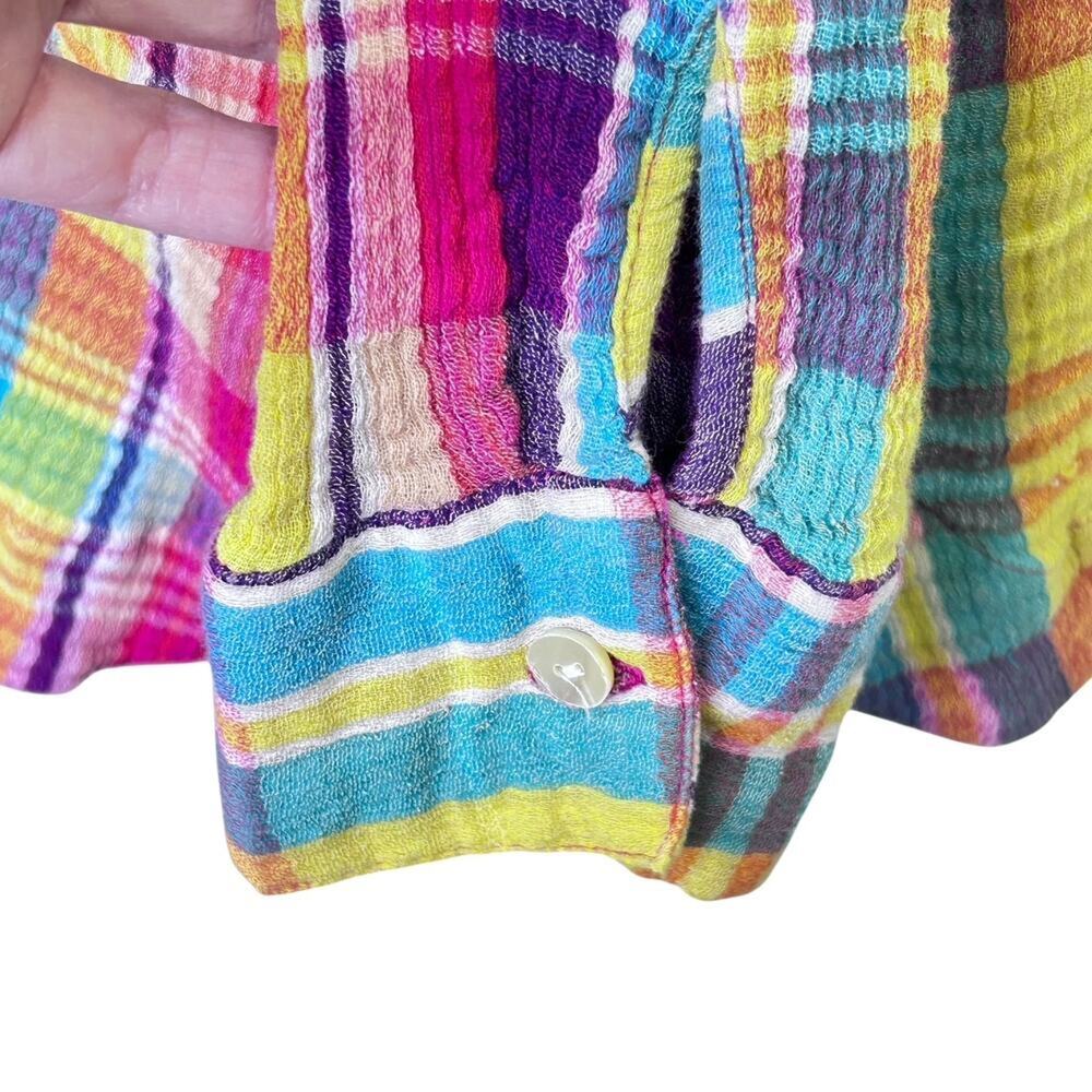Soft Surroundings Kona Shores Button Up Gauzy Rainbow Plaid Cotton Blouse LGE - Picture 5 of 9